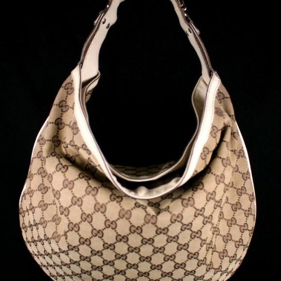 •Authentic•GUCCI Beige & Ebony Logo Canvas Ecru Leather WAVE Horsebit Hobo Bag - Picture 3 of 11